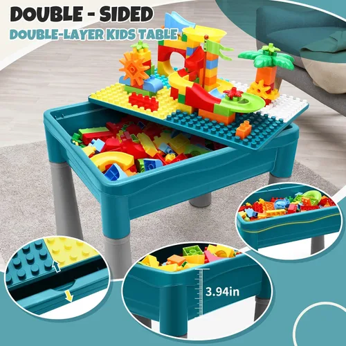 Miniatura 2 de Mesa de actividades para niños de doble cara con almacenamiento, mesa multiactividad todo en uno, 105 piezas de bloques de construcción con pista