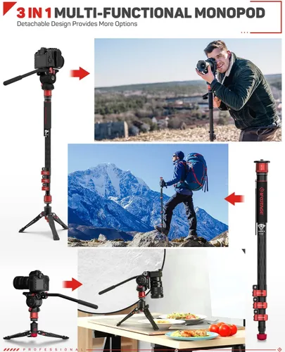 Miniatura 3 de IFOOTAGE Monopod profesional de 71 pulgadas y placa de liberación rápida, monopie de fibra de carbono para cámaras DSLR, cámara de viaje portátil
