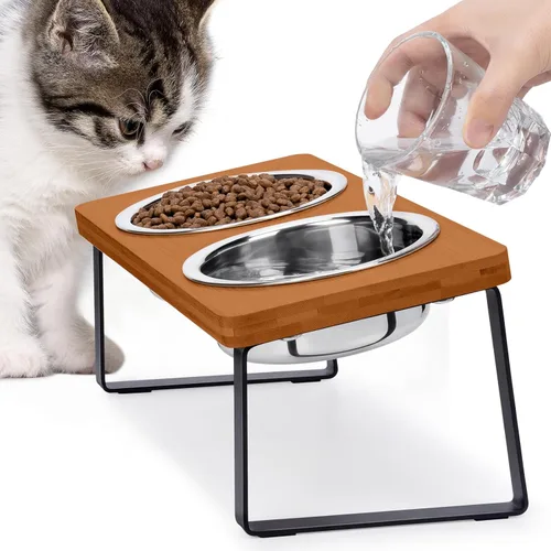 Miniatura 8 de Tazones elevados para comida y agua para gatos – Tazón elevado de acero inoxidable inclinado en 15° con soporte de bambú negro y estación