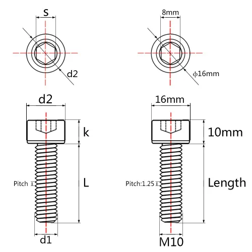 Miniatura 2 de Tornillos Allen de cabeza hueca de titanio M10 20 25 30 35 40 45 50 55 2.362 in Tornillos paquete de 4 (M10 x 0.787 in, paso 0.049 in, negro)