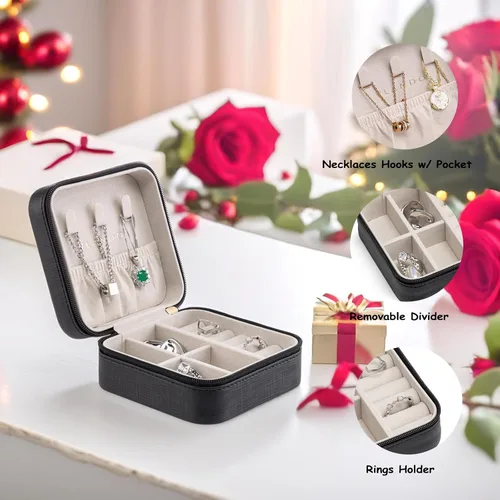 Miniatura 18 de Organizador de joyas Vlando para almacenaje y exhibición, joyero para viaje, imitación de piel, para anillos, aretes, collares.