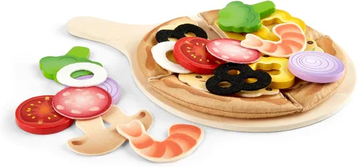 Miniatura 6 de Hape Juego de madera de pizza perfecto para cocina de niños, horno de pizza 2 en 1 y caja de entrega, 29 piezas de juego de simulación para niños