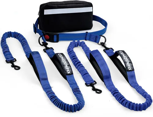 Miniatura 8 de Correa de perro manos libres con cinturón – Bungee sin tirones, asas acolchadas dobles y bolsa con cremallera para correr, caminar y entrenar