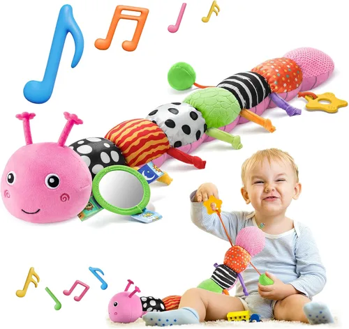 Miniatura 12 de HEMRLY Juguetes de regalo para bebés, juguete sensorial de 0 a 6 meses, oruga musical de peluche suave con dentición, sonajero para tiempo de Rosa
