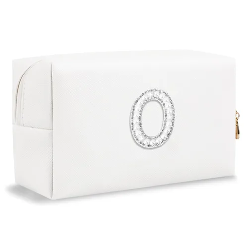 Miniatura 17 de Pequeña bolsa de maquillaje personalizada con inicial A-Z Preppy Patch, bolsa de cosméticos de viaje de felpilla blanca con cremallera, bonita bolsa