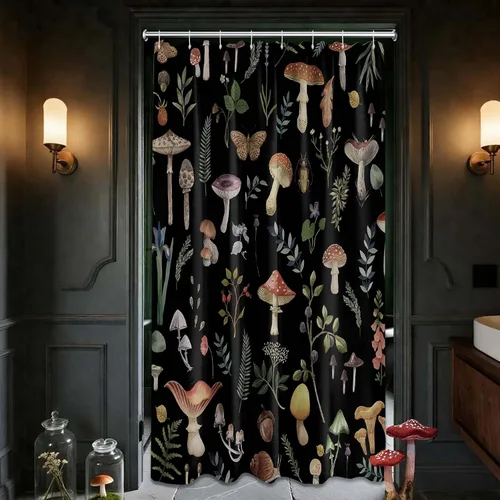 Miniatura 9 de Cortina de ducha de hongos, bonito juego de cortinas de ducha de hongos negros para decoración de baño, tela de poliéster impermeable con ganchos
