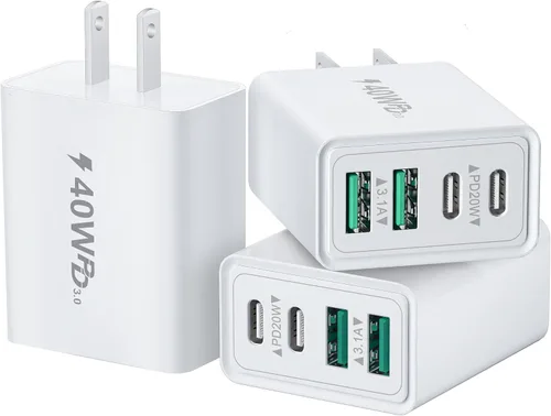 Miniatura 12 de [Paquete de 2] Bloque de cargador USB C, cargador de pared USBC de 40 W, 4 puertos, carga rápida, adaptador de corriente USB-C dual + enchufe