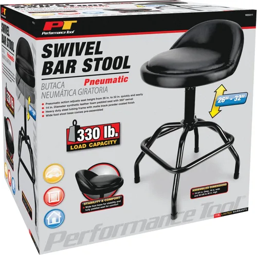 Miniatura 9 de Performance Tool W85011 Taburete de bar giratorio neumático con respaldo, giro de 360 grados, estructura de acero resistente, negro