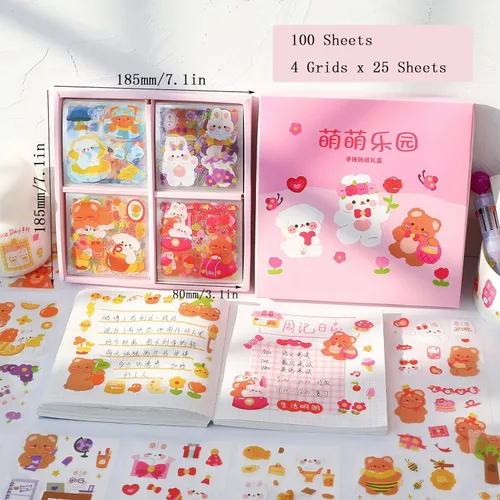 Miniatura 3 de Adhesivos de conejito y oso de dibujos animados lindos, EAMOTOL 100 hojas de animales kawaii transparentes de PET para álbum de recortes, Paraíso