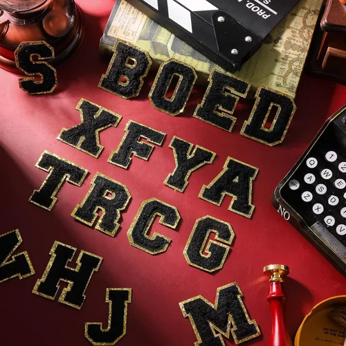 Miniatura 7 de Yilloog 104 parches de letras de felpilla autoadhesivas, letras de graduación para Leis, letras bordadas con purpurina para ropa, mochilas, sombrero