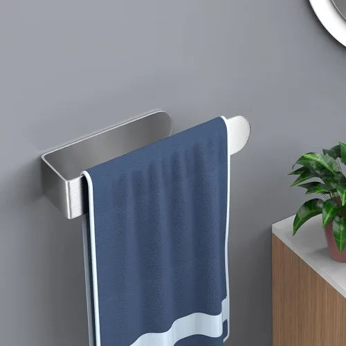 Miniatura 7 de HUFEEOH Toallero de mano, barra de toalla de mano plateada, barra de toalla de baño autoadhesiva en la pared, acero inoxidable cepillado Plata