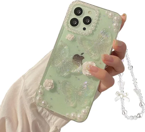 Miniatura 11 de Funda compatible con iPhone 13 Mini 3D, diseño floral de mariposa, transparente con diseño estético, fundas protectoras con purpurina y cristales