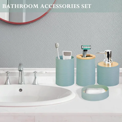 Miniatura 5 de Juego de accesorios de baño de bambú de 4 piezas, juego de accesorios de baño con dispensador de jabón y soporte para cepillos de dientes, jabonera