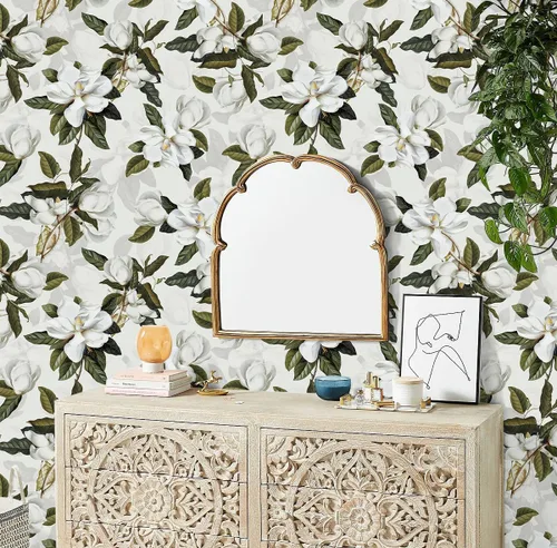 Miniatura 6 de HAOKHOME Papel tapiz floral para despegar y pegar, papel de pared extraíble Magnolia de vinilo blanco hueso, gris/verde, papel de contacto