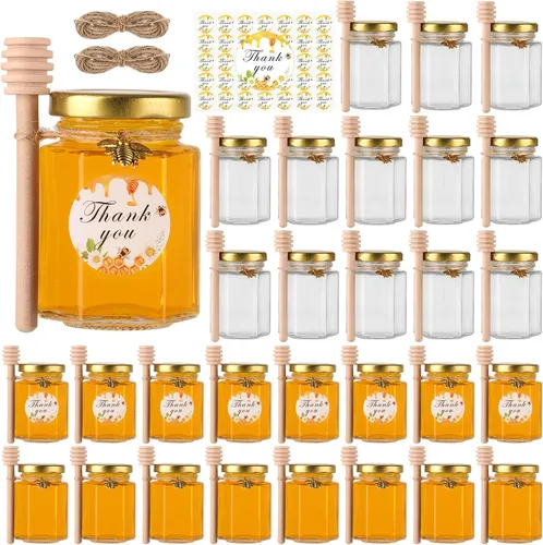 Miniatura 9 de Mini tarros de miel de 1.5 onzas – Paquete de 60 tarros hexagonales de vidrio con varitas de miel de madera, tapas doradas, colgantes de abeja