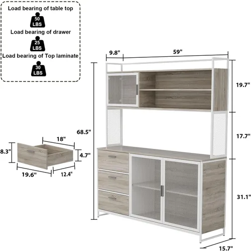 Miniatura 2 de AGOTENI Armario grande de cocina, armario de almacenamiento con 3 puertas de metal, 3 cajones y estante para microondas, para almacenamiento abierto