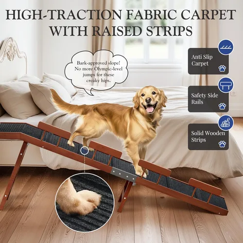 Miniatura 2 de Easyego Rampa plegable para perros para cama, rampa de madera para mascotas de 74 pulgadas con rieles laterales y alfombra de alta tracción, Nogal