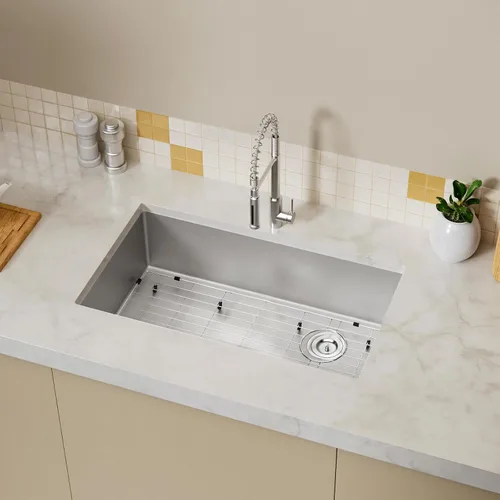 Miniatura 2 de Fregadero de cocina de 32 pulgadas para montar bajo encimera, acero inoxidable calibre 18, lavabo profundo grande con rejilla y colador