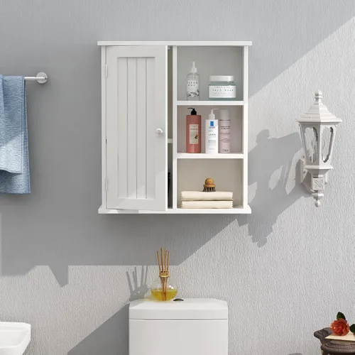 Miniatura 5 de Treocho Armario de pared de baño, botiquín con puerta y 3 estantes abiertos, organizador de almacenamiento montado en la pared para baño, cocina