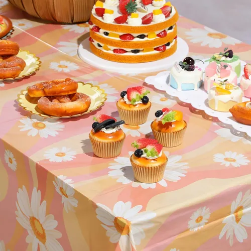 Miniatura 5 de Tiamon 3 manteles de plástico Groovy con diseño retro hippie para mesa rectangular, desechables, margaritas y arco iris, decoraciones de fiesta