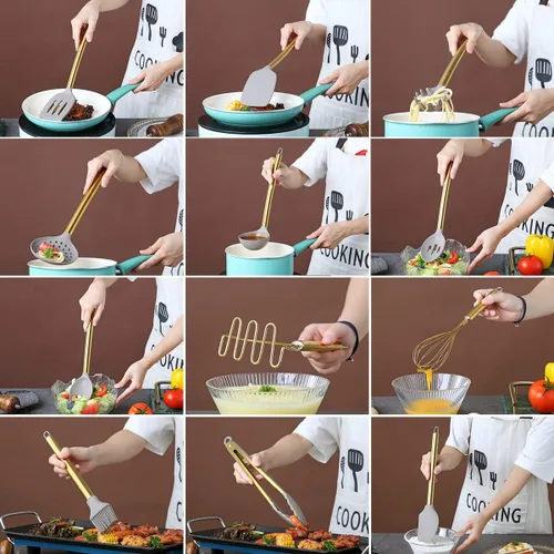Miniatura 6 de Berglander - Juego de utensilios de cocina dorados, 38 piezas antiadherentes de silicona, espátula con soporte para utensilios de acero inoxidable