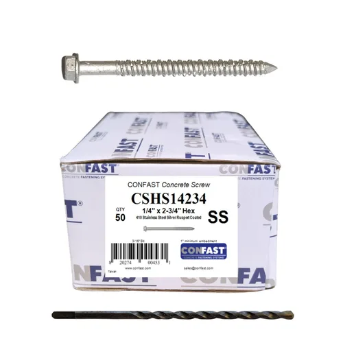 Miniatura 10 de CONFAST Tornillos de concreto de 1/4" x 1-3/4" de acero inoxidable 410, hexagonales, con broca para cemento para anclaje a mampostería, bloque