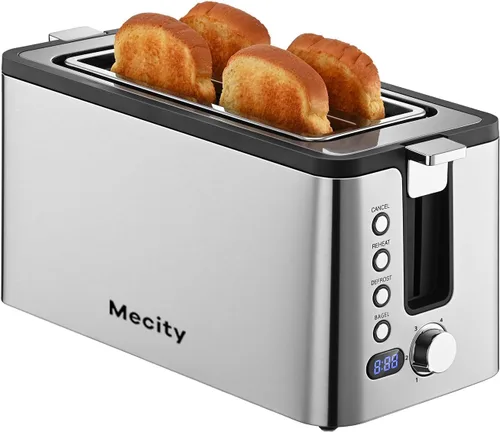 Miniatura 10 de Mecity Tostadora de 4 rebanadas, tostadora de ranura larga con estante de calentamiento, temporizador, bagel, descongelación, funciones
