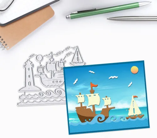 Miniatura 5 de Hying 2 troqueles de fondo de barco de flamenco para hacer tarjetas, troqueles de corte de ondas de faro de verano para álbumes de recortes, papel