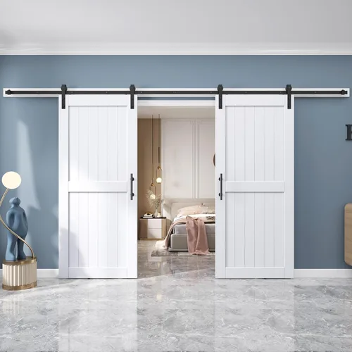 Miniatura 19 de EaseLife - Puerta de granero de 48 x 84 pulgadas en blanco con kit de herrajes deslizantes de 8 pies incluido y manija, madera maciza cubierta