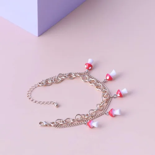 Miniatura 5 de Rrdaily Tobillera de doble capa con forma de hongo, bonita pulsera de hongo rojo, pulsera combinada para mujeres y niñas, Sin gemas.