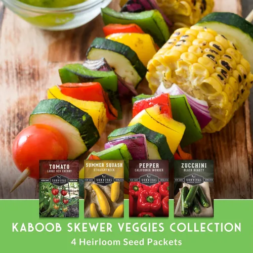 Miniatura 3 de Survival Garden Seeds Kabob Skewer Vegetables Collection - Tomate cereza rojo grande, calabacín negro de belleza, calabaza de verano de cuello recto