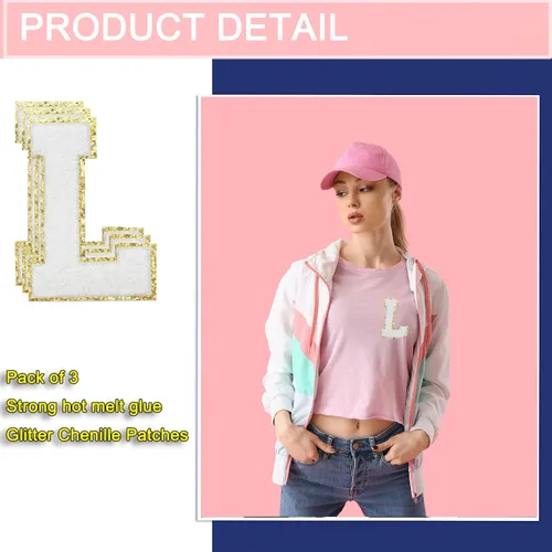 Miniatura 4 de 3 parches de letras de felpilla blancas con brillantina para ropa, tamaño grande de 4-1/2", parches de letras termo-adhesivas con brillantina
