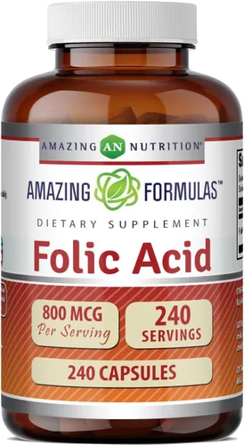 Amazing Formulas Suplemento de ácido fólico (vitamina B9) de 800 Mcg, cápsulas | Sin OMG | Sin gluten | Fabricado en Estados Unidos (paquete de 1 |
