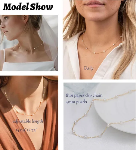 Miniatura 4 de TOSGMY Collares de perlas para mujer, gargantilla de perlas chapadas en oro de 14 quilates, collar de perlas de imitación hecho a mano, collar