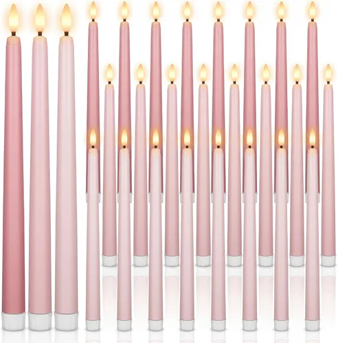 Miniatura 18 de Macarrie 24 Paquetes de Velas Cónicas Sin Llama Operadas por Batería Falsas de 11 Pulgadas de Largo Luz de Vela LED Sin Llama Candelabros Rosa
