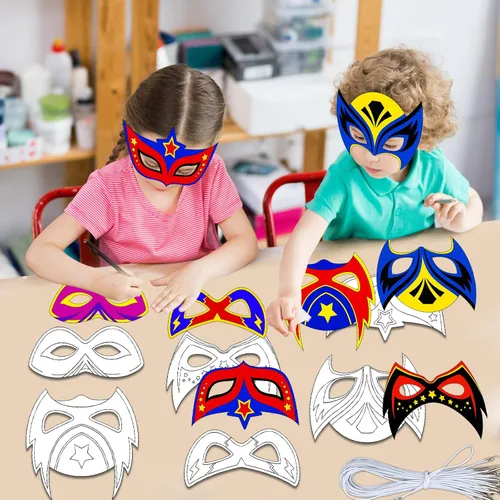 Miniatura 6 de chiazllta 24 Piezas Colorea Tu Propia Máscara de Héroe Manualidades Recuerdos de Fiesta de Héroe para Niños Kits de Fabricación de Máscaras de Papel