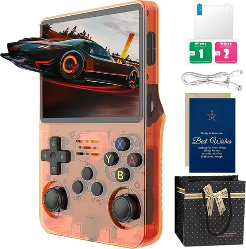 Consola de juegos de mano R36s Set de Navidad (con tarjeta de Navidad y bolsa) | Pantalla IPS de 3.5 pulgadas, tarjeta TF de 128GB, más de 21000