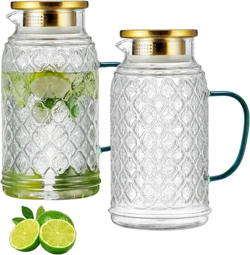 Miniatura 11 de Buaic Jarra de Vidrio con Tapa y Asa, PAQUETE DE 2 de 68 oz/2 Litros Jarra de Agua para Refrigerador con Diseño Vintage de Mariposa Pintado a Mano
