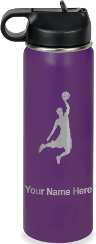 Miniatura 45 de LaserGram Botella de agua personalizada, hombre haciendo slam dunk de baloncesto, de acero inoxidable, de doble pared con aislamiento al vacío