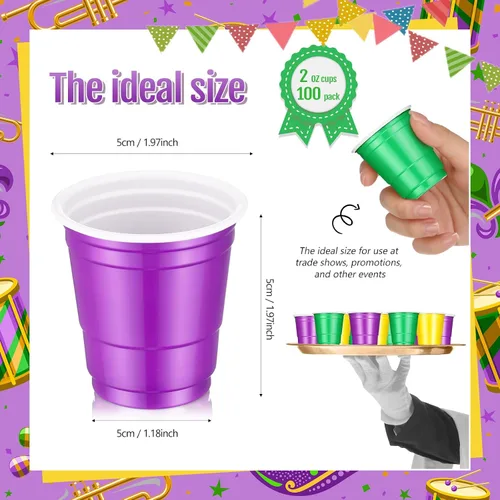 Miniatura 2 de Roshtia Paquete de 100 vasos desechables de 2 onzas, vasos de chupito de Mardi Gras, pequeños vasos de plástico para Navidad, fiesta de Año Nuevo