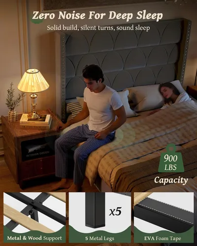 Miniatura 3 de OHOHOLIVE Marco de cama tamaño Queen con cabecero de 56 pulgadas, marco de cama tapizado de terciopelo con plataforma con respaldo de alas, sin Gris