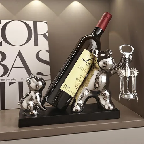 Miniatura 5 de Linxia Estante de vino de mesa, soporte para botellas de vino de doble oso con sacacorchos, soporte de cerámica plateado independiente para botella