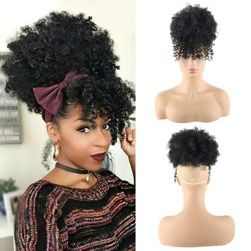 Chooh Extensión de moño de cabello tipo afro, cola de caballo con flequillo, cabello sintético corto, rizado, con Clip, extensiones de cabello para