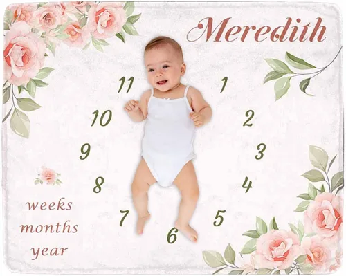 Miniatura 28 de Manta de hito para bebé personalizada con nombre, manta personalizada de flores en forma de mariposa con tabla de crecimiento calendario, manta