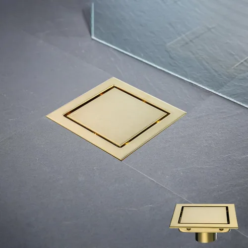 Miniatura 8 de Drenaje de ducha de 6 pulgadas en oro cepillado, kit de drenaje cuadrado para piso de ducha de acero inoxidable con rejilla de inserción de azulejos