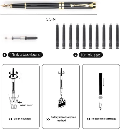 Miniatura 5 de Tiankool Pluma Estilográfica de Lujo, Plumín Fino, Exquisito Juego de Regalo de Plumas para Hombres y Mujeres - Incluye 10 Cartuchos de Tinta y Negro