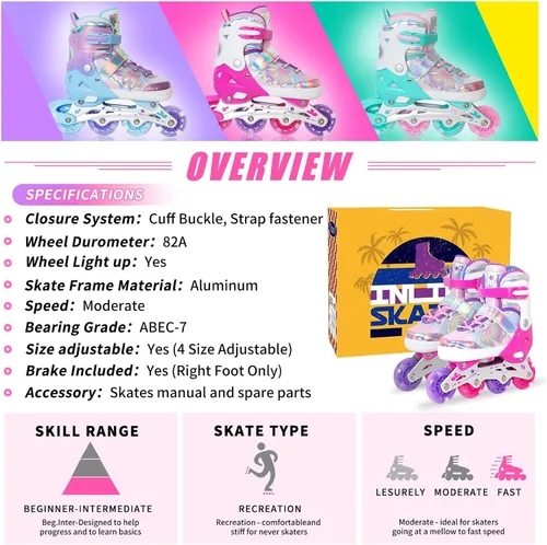 Miniatura 7 de MammyGol Patines en línea para niñas y niños, 4 tamaños ajustables, patines de mariposa con ruedas intermitentes de colores vibrantes, patines