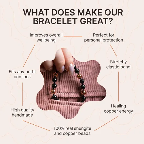 Miniatura 3 de Karelian Heritage Shungite Stones Elastic Stretchy Bracelet with opper Plated Beads Authetic Shungite Crystal Jewelry Protective Powerful Defender