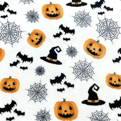 Miniatura 7 de Manta de forro polar de Halloween: telaraña, sombrero de bruja, murciélagos negros, calabazas naranjas, franela suave y cálida para cama, sofá