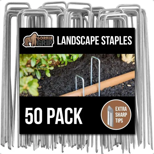 GORILLA GRIP Paquete de 50 grapas de jardín prémium de 6 pulgadas, estacas de jardín de acero galvanizado de calibre 11, pasadores de jardinería